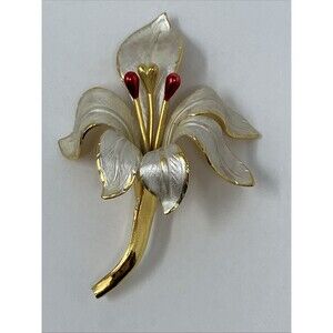 Vintage Signed Cerrito White & Red Enamel Lily Brooch w/ Gold Plated Edges